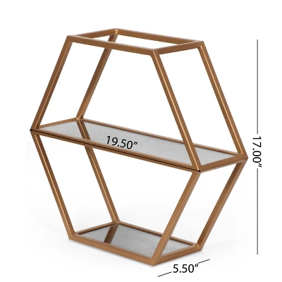 17" Lepley Modern Glam Handcrafted Glass 2 Shelf Hexagonal Decorative Shelf Antique Gold - Christopher Knight Home - Image 6