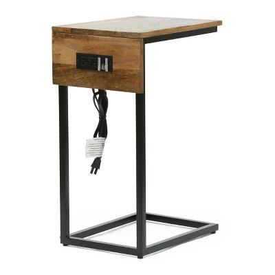 Oceola Modern Industrial Handcrafted Mango Wood C Shaped Side Table With Charging Port Natural/Black - Christopher Knight Home - Image 2