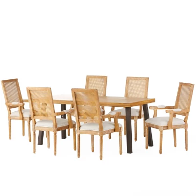 7pc Chatau Farmhouse Fabric Upholstered Wood And Cane Dining Set - Christopher Knight Home - Image 14