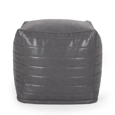 Baddow Contemporary Faux Leather Channel Stitch Cube Pouf Gray - Christopher Knight Home - Image 3