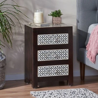 Benewah Handcrafted Boho 3 Drawer Mango Wood Nightstand Dark Walnut/Black/White - Christopher Knight Home