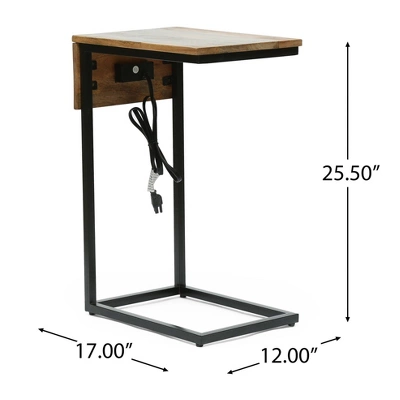 Oceola Modern Industrial Handcrafted Mango Wood C Shaped Side Table With Charging Port Natural/Black - Christopher Knight Home - Image 8