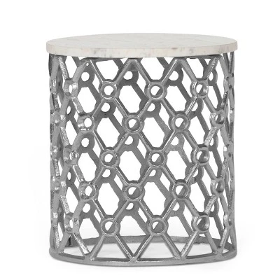 Lenhart Modern Glam Handcrafted Marble Top Aluminum Side Table Nickel/White - Christopher Knight Home